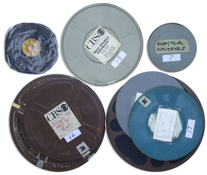 Twenty-Four 16mm Film Reels With Behind-the-Scene Footage From Uncivil War Birds & Back From the Front -- Moe & Shemp Display Their Fox Film Checks, Plus Three Stooge Films & Curly Goofing Off